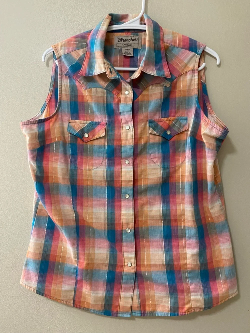 Vintage Wrangler pearl snap button shirt womens size medium plaid metallic tank - Picture 1 of 7